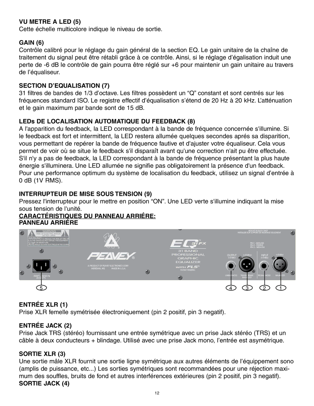 Peavey 31FX owner manual VU METRE a LED, Interrupteur DE Mise Sous Tension, Caractéristiques DU Panneau Arriére 